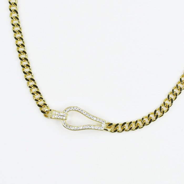 Gold chain necklace with crystal-studded hook-shaped pendant, wholesale jewelry for women's boutiques, trendy gold accessory, boutique wholesale jewelry, waterproof necklace, hypoallergenic jewelry, tarnish-free gold chain, minimalist statement necklace for everyday wear