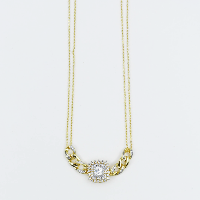 Dainty gold layered necklace, wholesale jewelry for women's boutiques, statement accessory, boutique wholesale jewelry, waterproof necklace, hypoallergenic jewelry, tarnish-free gold necklace, trendy gold jewelry, gold chain necklace with a sparkling square halo pendant and crystal-accented links
