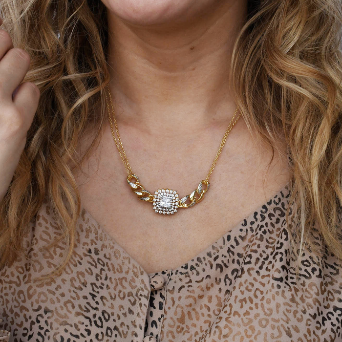 Dainty gold necklace with delicate double chain, bold gold links, and crystal center framed in pavé sparkle, waterproof, hypoallergenic and tarnish-free, elegant and trendy accessory for women’s boutique jewelry