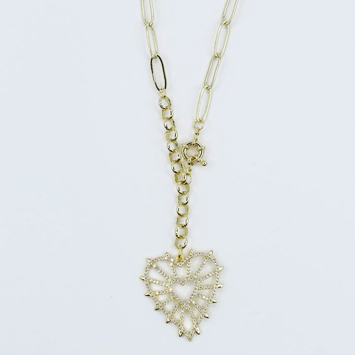 Gold heart pendant necklace with mixed link chain, boutique wholesale jewelry for women, trendy statement heart necklace, waterproof and hypoallergenic gold chain, tarnish-free fashion necklace for stylish women’s boutiques