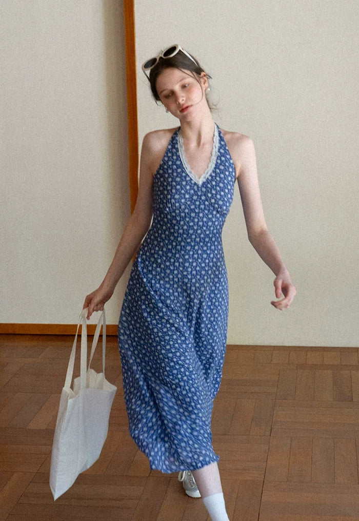 Lace Trim Halter Floral Midi Dress