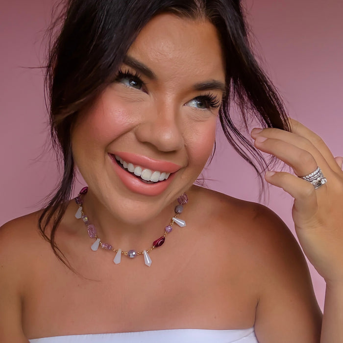 Colorful charms gold necklace featuring gemstone details, layered jewelry design, trendy accessory for women’s jewelry collections, boutique wholesale fashion necklace that is hypoallergenic, tarnish free, and waterproof jewelry with a cute aesthetic statement style