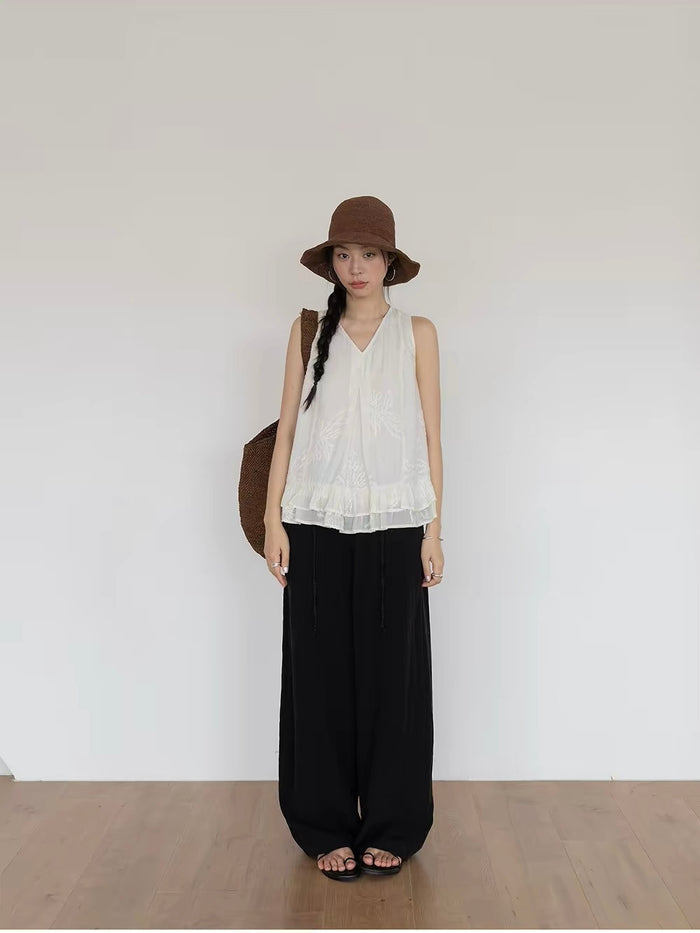 Linen Blend Relaxed Fit Wide-Leg Pants