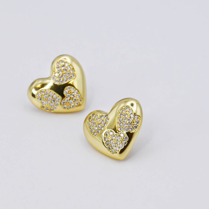 gold heart stud earrings, cubic zirconia sparkle studs, boutique jewelry style, elegant gold accessories, tarnish free, hypoallergenic, waterproof, wholesale earrings for boutique
