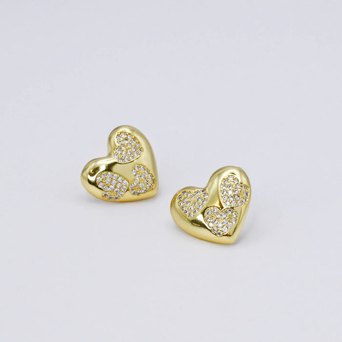 gold heart stud earrings, cubic zirconia sparkle studs, boutique jewelry style, elegant gold accessories, tarnish free, hypoallergenic, waterproof, wholesale earrings for boutique