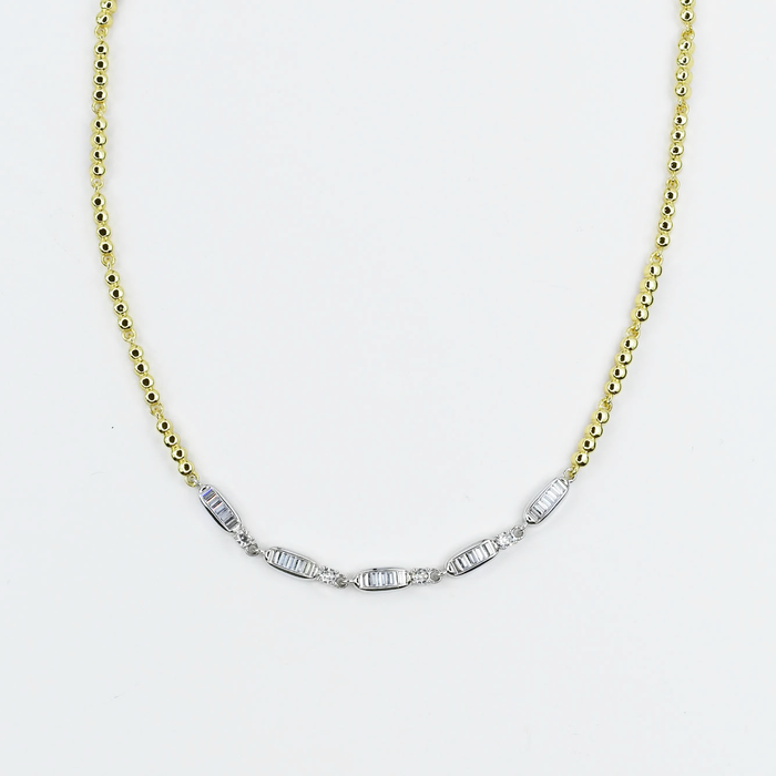 Dainty gold layered necklace, wholesale jewelry for women's boutiques, statement accessory, boutique wholesale jewelry, waterproof necklace, hypoallergenic jewelry, tarnish-free gold necklace, trendy gold jewelry, gold beaded chain necklace with silver baguette crystal accents