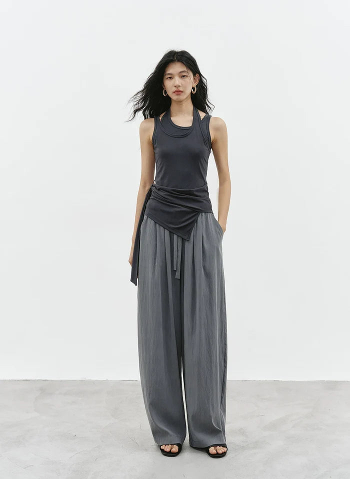 Mist Grey Cotton Blend Wide-Leg Pants