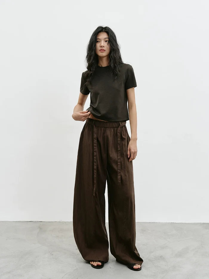 Mocha Brown Drapey Elastic Waist Wide-Leg Pants