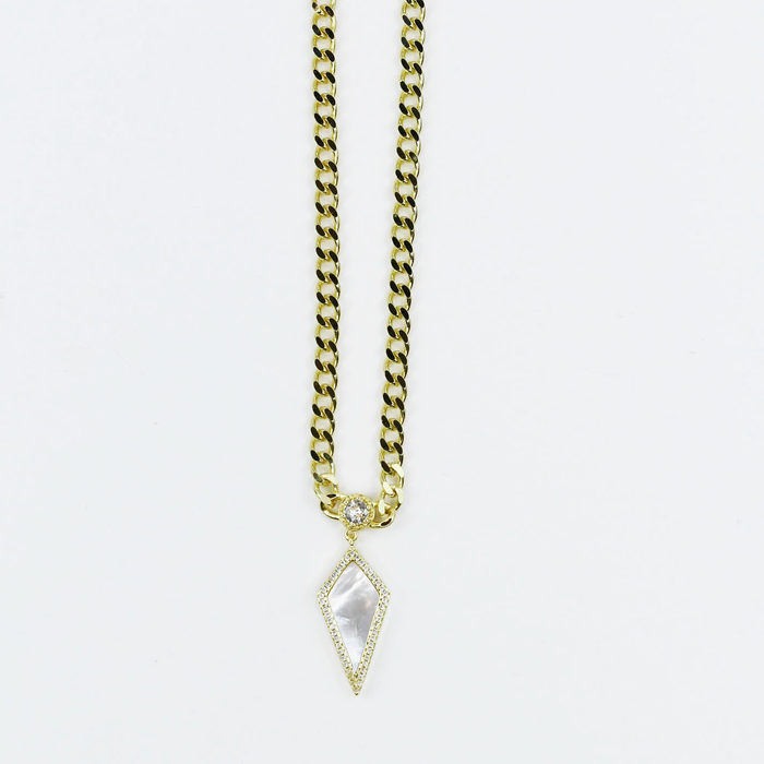Dainty gold layered necklace, wholesale jewelry for women's boutiques, statement accessory, boutique wholesale jewelry, waterproof necklace, hypoallergenic jewelry, tarnish-free gold necklace, trendy gold jewelry, gold chain necklace with a geometric mother-of-pearl pendant and small crystal accent