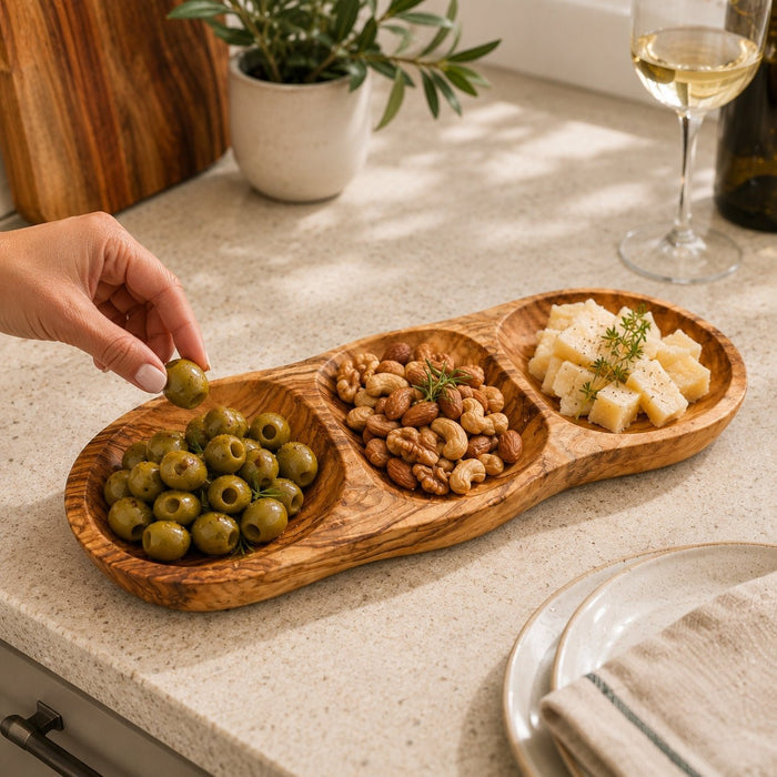 Olive Wood 3-Section Snack & Appetizer Tray - Olive Ovation