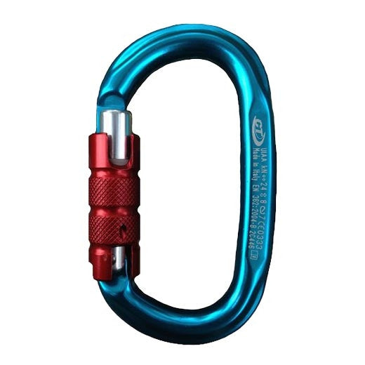 A blue anodized aluminum carabiner with a red textured locking shackle, shown on a plain white background.