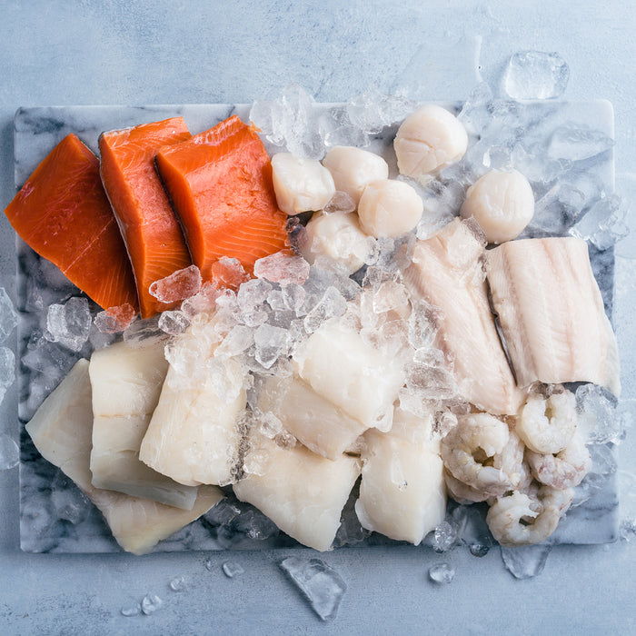 Wild Gulf Shrimp, Sea Scallops, Wild Alaskan Sockeye Salmon, Haddock, Sablefish and Wild Atlantic Cod