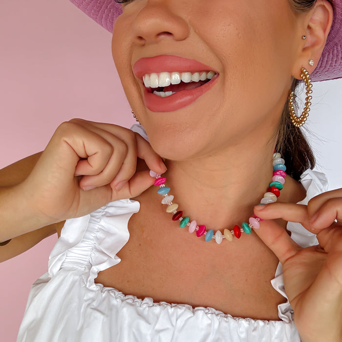 Colorful charms gold necklace featuring gemstone details, layered jewelry design, trendy accessory for women’s jewelry collections, boutique wholesale fashion necklace that is hypoallergenic, tarnish free, and waterproof jewelry with a cute aesthetic statement style