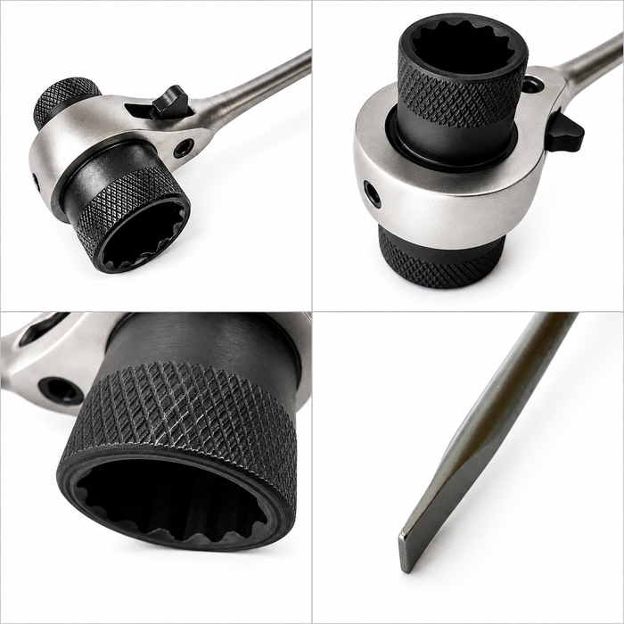 A 4-panel product collage of the Ratchet Scrench showing a metal socket wrench tool from multiple angles on a white background. The tool has a silver metallic body with black textured knurled sockets and a dark gray shaft.