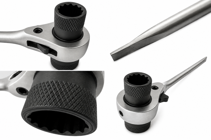 A close up of the Ratchet Scrench featuring the knurling on the socket end in a collage format