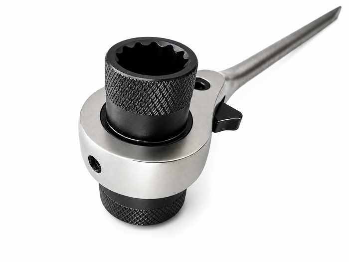 A close up of the Ratchet Scrench featuring the knurling on the socket end