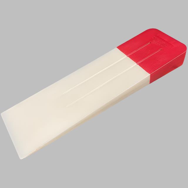 A 12 inch red headed felling wedge on a gray background.