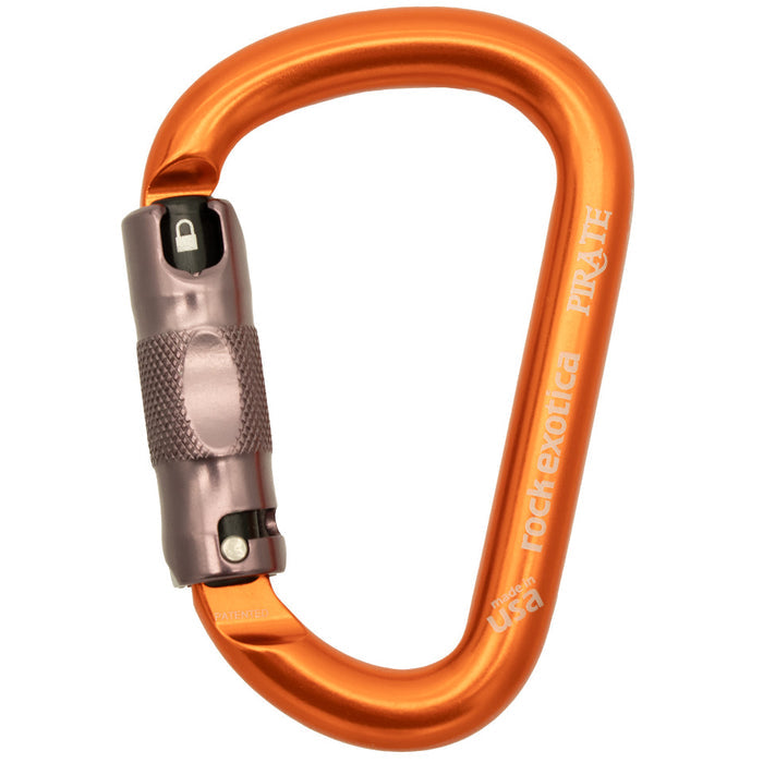 An orange anodized aluminum carabiner with a textured metallic gray lock mechanism, featuring 'PROVE' and 'RockExotica USA' branding on the side, set against a plain white background.