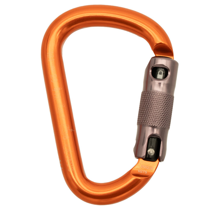 An orange aluminum carabiner with a metallic bronze lock mechanism, shown on a plain white background.