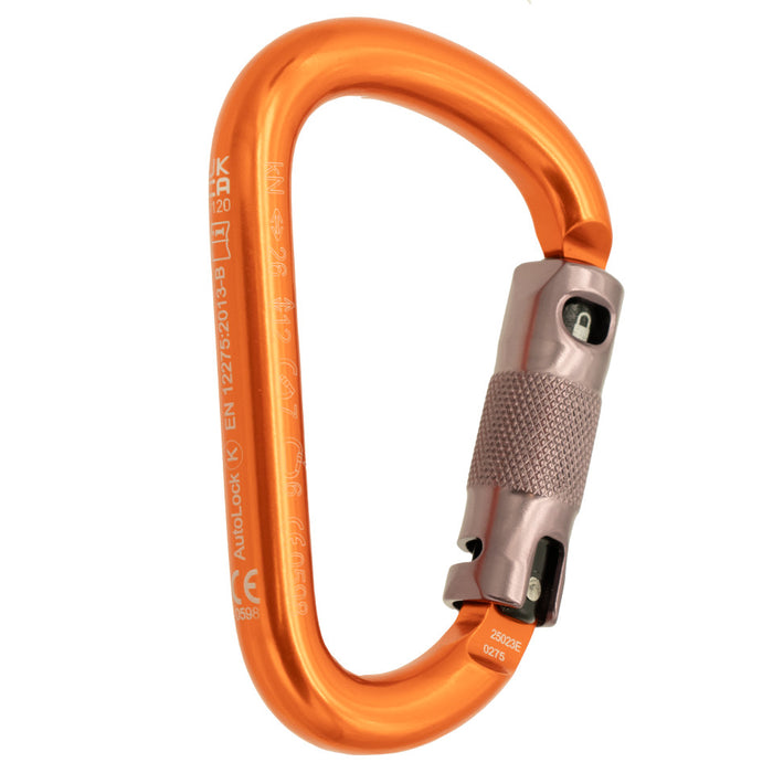 An orange anodized aluminum carabiner with a textured metallic gray and silver spring-loaded gate, shown on a solid white background.
