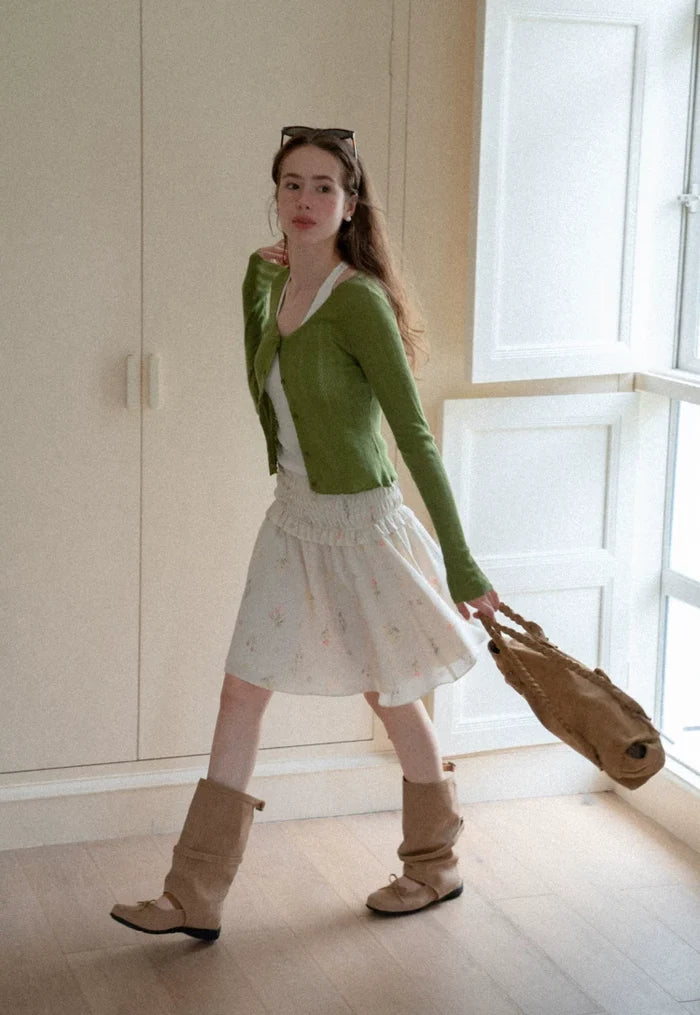 Round-Neck Long-Sleeve Fitted Knit Cardigan