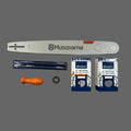 Husqvarna chainsaw bar and related parts on a gray background