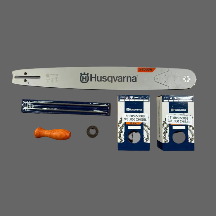 Husqvarna chainsaw bar and related parts on a gray background
