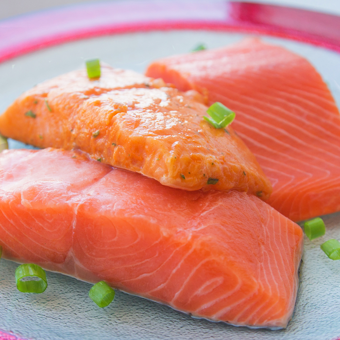 Wild Sockeye Salmon, Wild Coho Salmon, & North Atlantic Salmon On a Plate