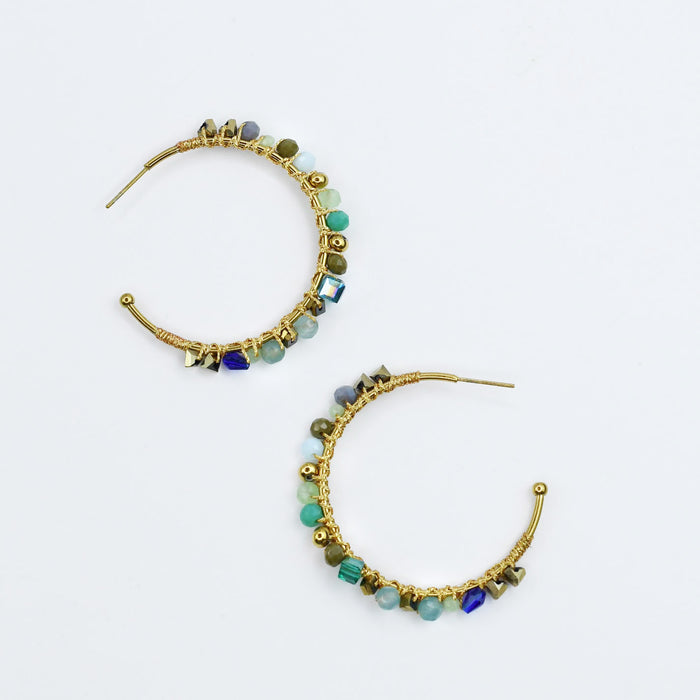 Colorful handcrafted gemstone earrings featuring multicolored beads on 24k gold dainty hoop earrings, waterproof earrings, tarnish free jewelry, hypoallergenic earrings for sensitive skin, gold hoop earrings, boutique wholesale earrings, trendy gold jewelry, high quality jewelry gifts