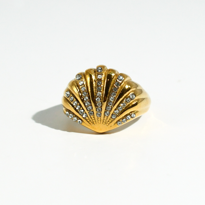 hypoallergenic ring, waterproof ring, tarnish free jewelry, boutique wholesale jewelry, dainty gold ring, gemstone statement ring, sparkly cubic zirconia ring, high quality jewelry gifts, elegant gold plated ring, trendy fashion ring, pastel gemstone ring,seashell gold ring