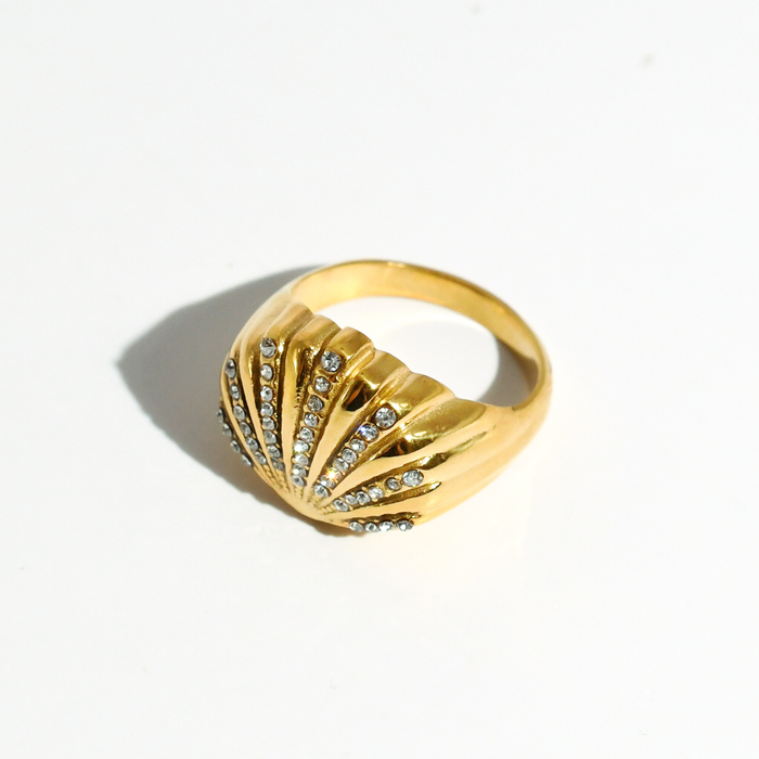 hypoallergenic ring, waterproof ring, tarnish free jewelry, boutique wholesale jewelry, dainty gold ring, gemstone statement ring, sparkly cubic zirconia ring, high quality jewelry gifts, elegant gold plated ring, trendy fashion ring, pastel gemstone ring,seashell gold ring
