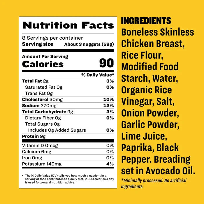The Seed Oil Free Chicken Nuggets nutrition label lists 90 calories per 3-nugget serving. Ingredients in bold include chicken breast, rice flour, and spices. Note: no added sugars, artificial ingredients or antibiotics ever. Gluten-free and free safe from all major allergens.
