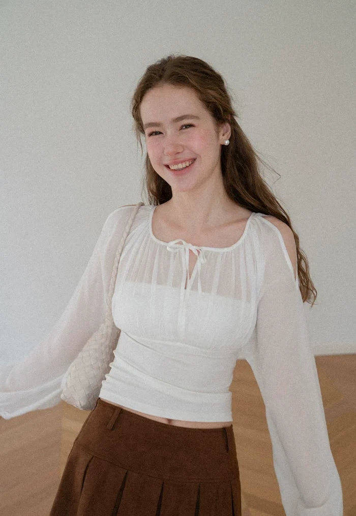 Sheer Off-Shoulder Fitted Floral-Bud Sleeve Blouse