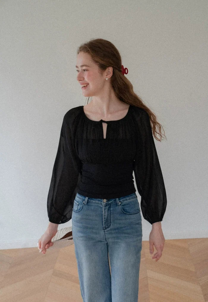 Sheer Off-Shoulder Fitted Floral-Bud Sleeve Blouse