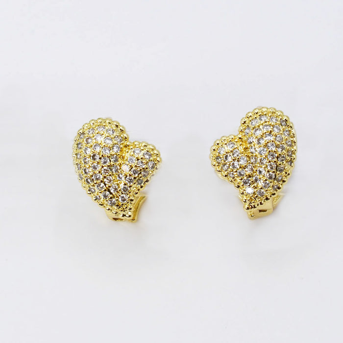 gold heart stud earrings, pavé crystal heart earrings, sparkly gold statement studs, hypoallergenic earrings, tarnish free jewelry, waterproof earrings, fashion jewelry for boutiques, elegant heart earrings wholesale, boutique earrings wholesale
