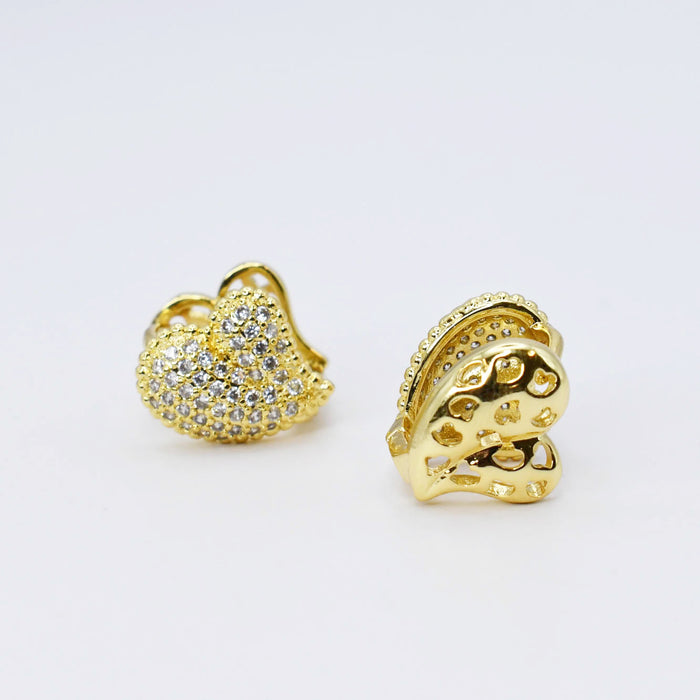 gold heart stud earrings, pavé crystal heart earrings, sparkly gold statement studs, hypoallergenic earrings, tarnish free jewelry, waterproof earrings, fashion jewelry for boutiques, elegant heart earrings wholesale, boutique earrings wholesale