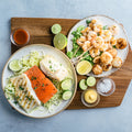 Wild Gulf Shrimp, atlantic haddock, atlantic cod, rainbow trout, sockeye salmon and scallops
