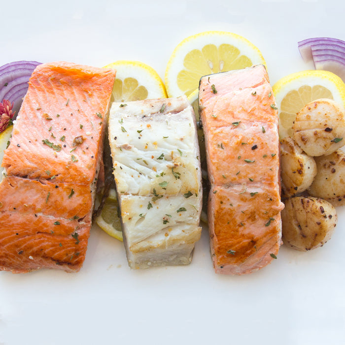 Grilled Natural Alaskan Salmon, Sea Scallops and Haddock