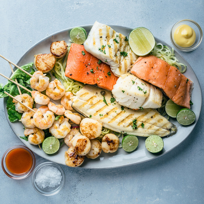 Wild Sockeye Salmon, Atlantic Salmon, Wild Gulf Shrimp, Rainbow Trout, Wild Atlantic Cod, Atlantic Haddock and Sea Scallops