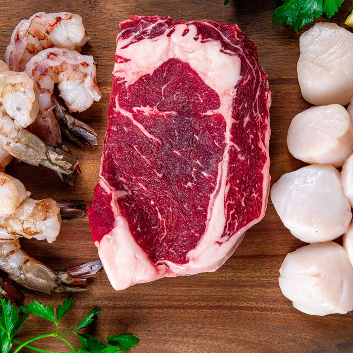 Ribeye, Scallops, and Shrimp