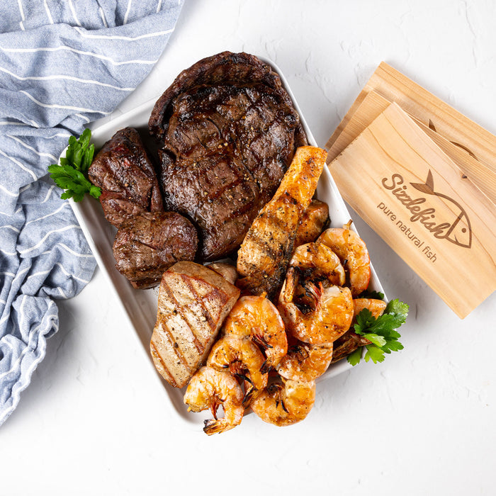 Filet Mignon, Ribeye, Colossal Shrimp, King Salmon and Tuna
