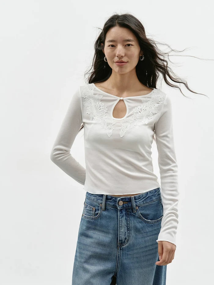Tear-Drop Cutout Lace Embroidery Long-Sleeve Top