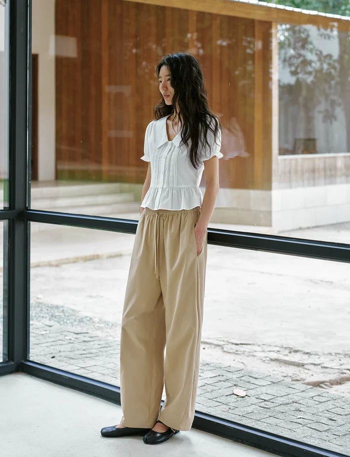 Tencel Cotton Khaki Wide-Leg Pants