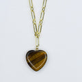 tiger eye heart pendant on gold chain, handmade gemstone necklace for women, boutique jewelry wholesale, hypoallergenic waterproof tarnish free accessory