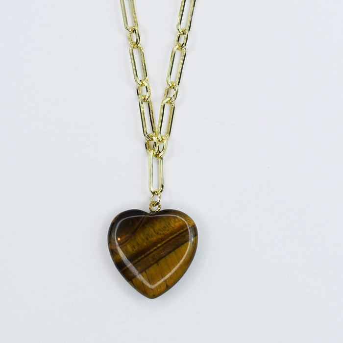 tiger eye heart pendant on gold chain, handmade gemstone necklace for women, boutique jewelry wholesale, hypoallergenic waterproof tarnish free accessory