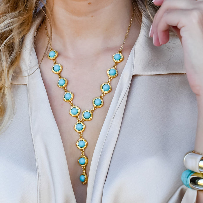 Gold cascade necklace with round turquoise stones, layered drop turquoise jewelry, boho chic statement necklace, boutique wholesale jewelry, waterproof gold necklace, hypoallergenic tarnish-free fashion jewelry for women