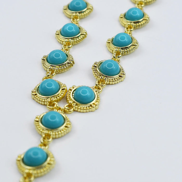 Gold cascade necklace with round turquoise stones, layered drop turquoise jewelry, boho chic statement necklace, boutique wholesale jewelry, waterproof gold necklace, hypoallergenic tarnish-free fashion jewelry for women