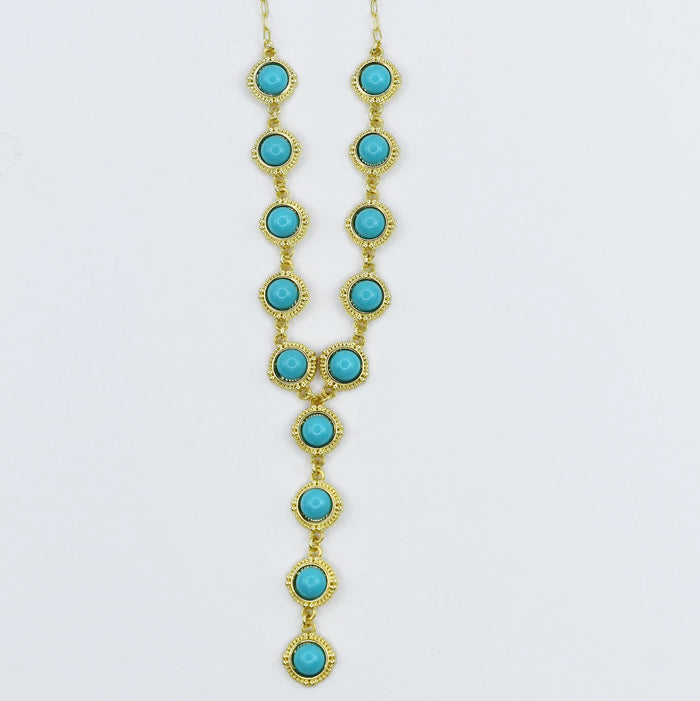 Gold cascade necklace with round turquoise stones, layered drop turquoise jewelry, boho chic statement necklace, boutique wholesale jewelry, waterproof gold necklace, hypoallergenic tarnish-free fashion jewelry for women