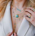 Layered gold turquoise necklace set with beaded accents, boutique wholesale jewelry for women, trendy boho statement accessory, waterproof and hypoallergenic layered necklaces, tarnish-free gold chains, turquoise pendant necklace for stylish women’s boutiques
