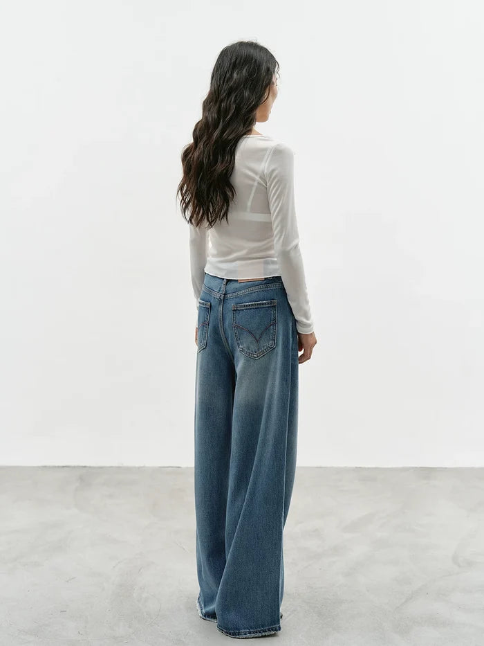 Washed Blue Wide-Leg Denim Jeans